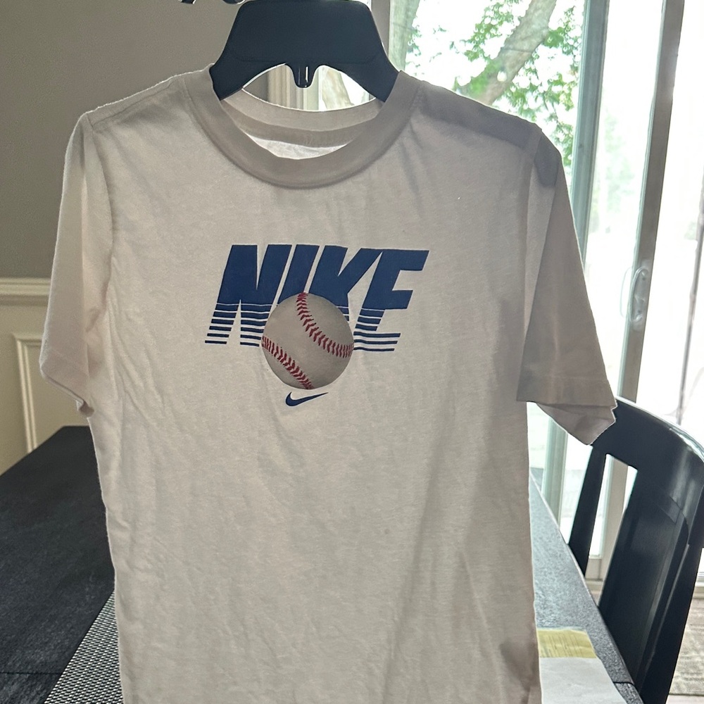 Nike White Tee with Blue Logo and Baseball Design